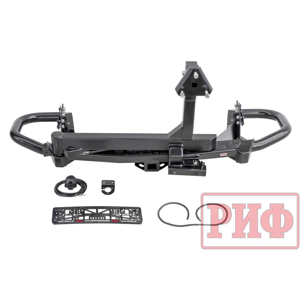 Бампер РИФ силовой задний Mitsubishi Pajero Sport 2015+ c квадратом под фаркоп, калиткой, подсветкой номера