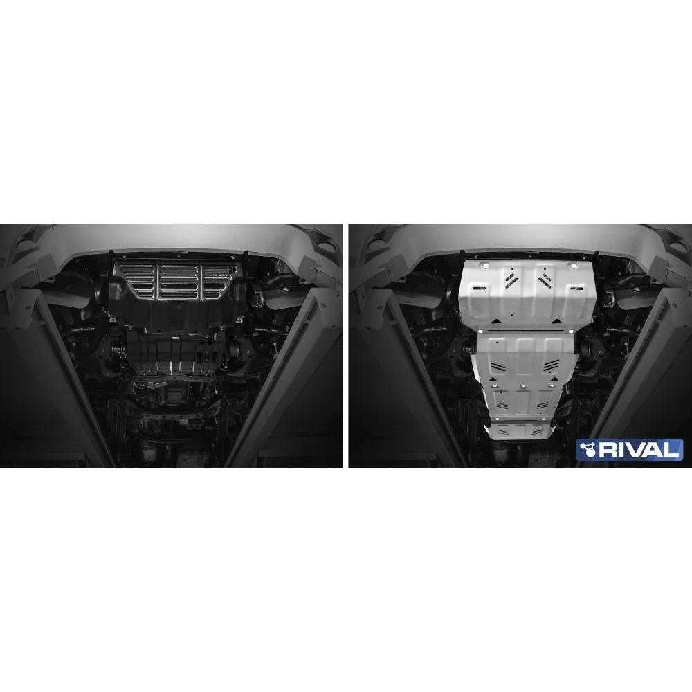 Комплект защит радиатор + картер + КПП + РК + комплект крепежа, RIVAL, Алюминий, Mitsubishi L200 2015-, V - 2.4d; 2.4d H.P./Mitsubishi Pajero Sport 2016-, V - 3.0; 2.4d./Fiat Fullback 2016-, V - 2.4d
