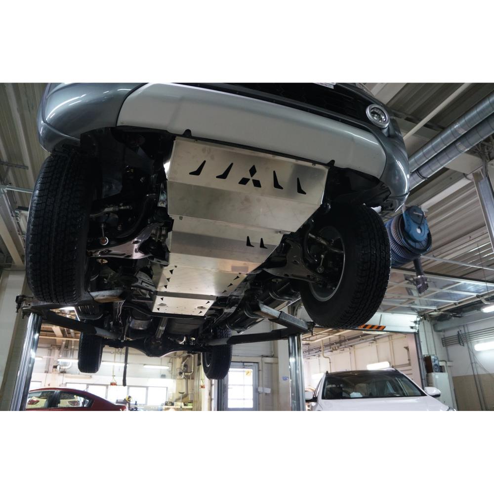 Защита днища MITSUBISHI L-200, V-все; КПП-все (2015-) / PAJERO SPORT, V-ВСЕ, КПП-ВСЕ (2015-) / FIAT FULLBACK (2016- ) из 4х частей (радиатор, картер, КПП, РК) (алюминий 4 мм)